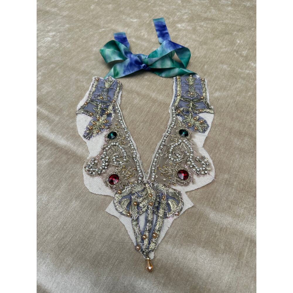 Upcycled Beaded Statement collar necklace Bib handmade cashmere lined boho art